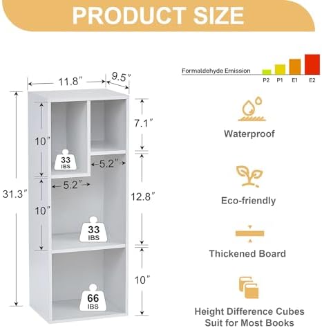 VECELO Modern White Bookshelf, 31.3" H Freestanding Open Cubby Storage Cabinet with Uneven Compartments, Narrow Bookcase