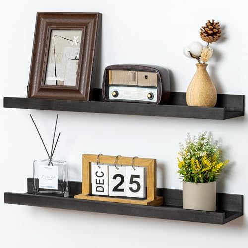 FLYJOE Picture Ledge Shelf for Wall, 24 inch Solid Ash Wood Nursery Book Shelves 2 Packs, Floating Shelves for Kids' Room Bedroom Bathroom Living Room Photo Frames Office Nursey Wall Decor, Black
