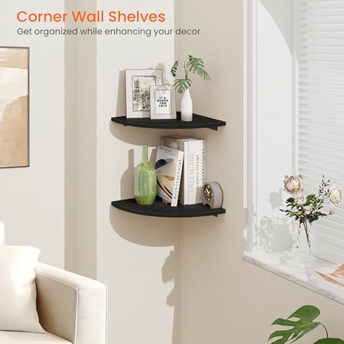 Homode Corner Floating Shelves, 12" Deep Corner Shelves Wall Mounted with Cord Hole, 2 Tier Curved Corner Hanging Shelvi