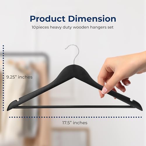 SereneLife 10 Pack Wooden Coat Hangers, Natural Wood Suit Hangers with Non-Slip Pant Bar, with 360-Degree Rotatable Hook, for Closet Organization, Shirts, Jackets, Dresses, and Pants (Black)