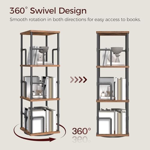 MAHANCRIS 3-Tier Rotating Bookshelf, Freestanding Corner Bookshelf, 360° Spinning Bookcase, Industrial Style Storage Rac
