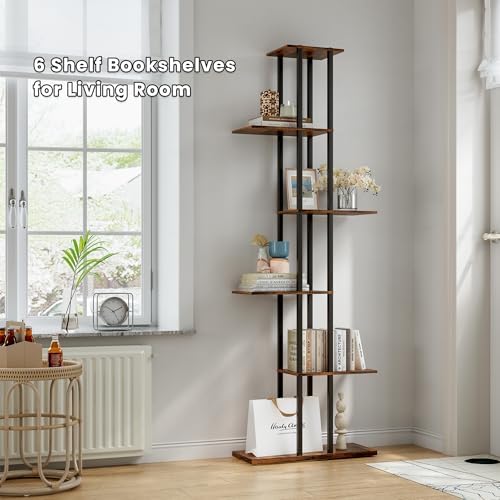 6 Tier Narrow Bookshelf, Tall Skinny Bookshelf, Slim Open Bookcase Corner