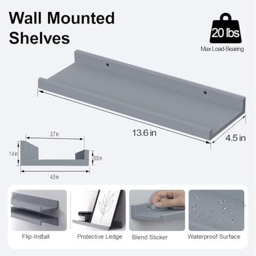 Grey Floating Shelves for Wall Decor, 14 in Shelf with Lip Set of 2