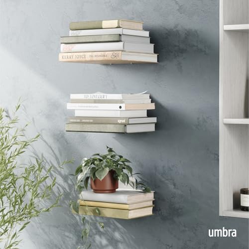 Umbra Conceal Floating Bookshelf, Metal Wall Shelf, Set of 3, Large, Silver