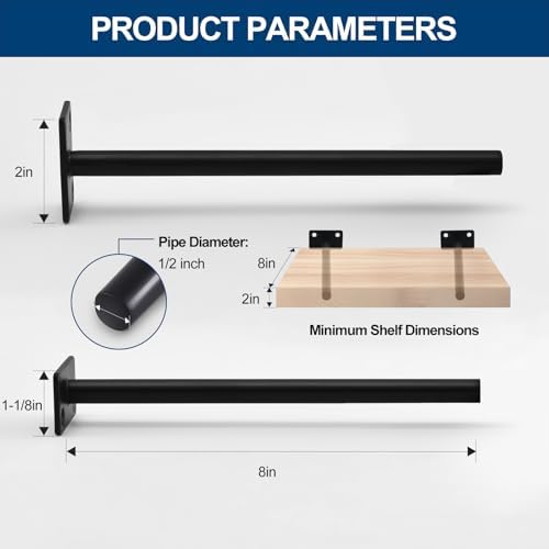 4 Pcs 8" Black Solid Steel Floating Shelf Bracket Blind Shelf Supports - Hidden Brackets for Floating Wood Shelves - Con