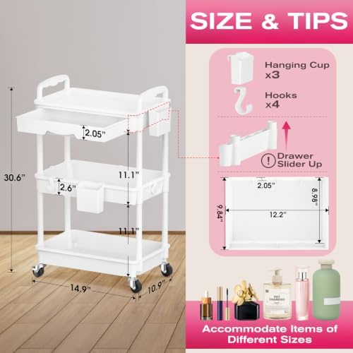 Goovilla Rolling Makeup Organizer Cart with Removable Drawer, 3 Tier White
