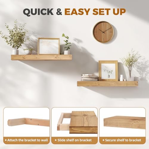Floating Shelves, 24 Inch Wall Mounted Shelves, Set of 2, Oak