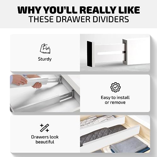 4-Pack Bamboo Drawer Dividers - 12.2 to 17.3 Inches Deep, 2.6 Inches High, Adjustable Expandable Drawer Organizer Dresse