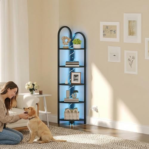 MAHANCRIS 5-Tier Corner Shelf with LED Light, 64.6'' Tall Corner Bookshelf, Narrow Storage Shelf with Metal Frame, for L