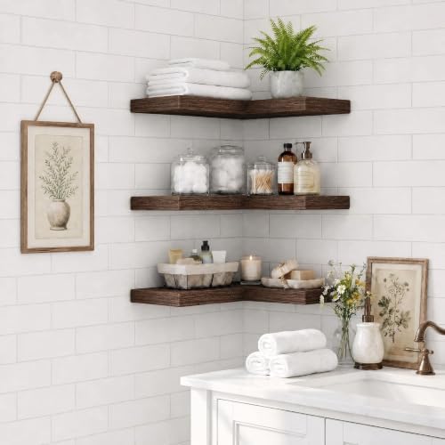 16 Inch Solid Wood Floating Corner Shelves, 3 Pack, Rustic Brown