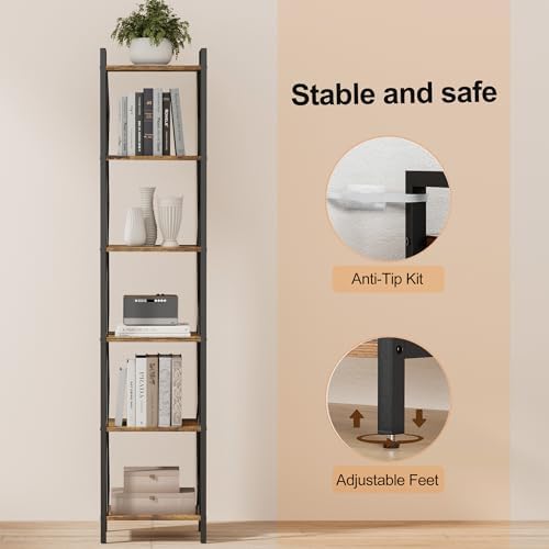 Homhedy 6 Tier Small Bookshelf, Tall Narrow Bookcase, Metal Book Shelf