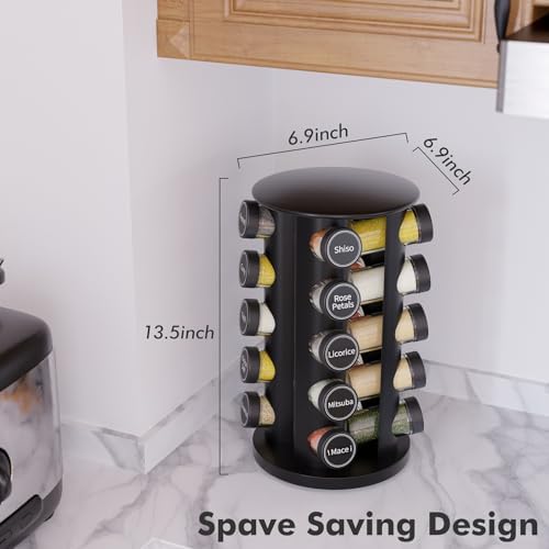 New England Stories Revolving Spice Rack Set with 20 Spice Jars, Kitchen Spice Tower Organizer for Countertop or Cabinet