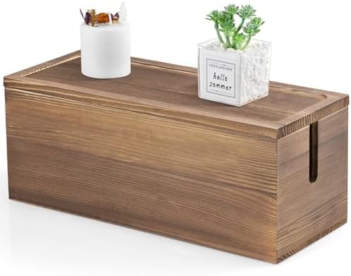 Large Cable Management Box, Burnt Wood Cord Organizer Box for Desk, Floor, Office to Hide Extension Cords Power Stripes 