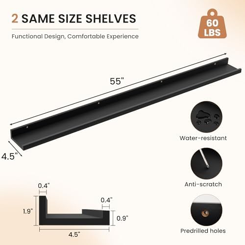 Dreamland Picture Ledge Shelf for Wall, Floating Shelves Set of 2,55 inch Long Floating Shelves with Lip for Living Room,Bedroom,Bathroom,Kitchen,Black