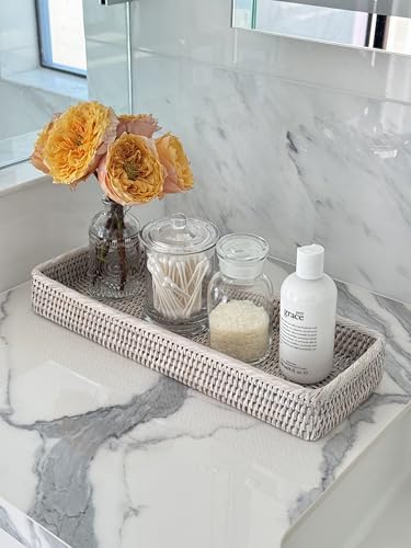 KOUBOO Rattan Vanity Tray Perfume Makeup Bathroom Organizer White Wash