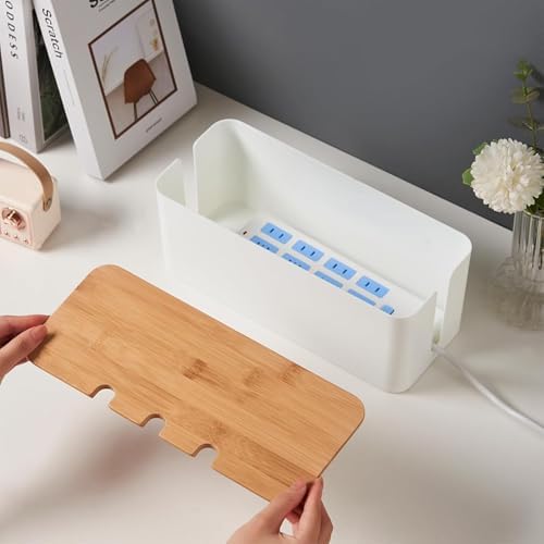 Cable Management Box with Bamboo Lid, Cord Organizer Box to Hide Wires & Power Strips, Extension Cord Power Stripe Surge