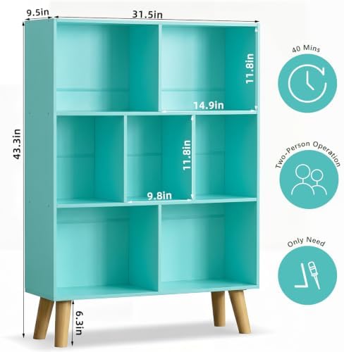 YAHARBO Green Bookshelf,3 Tier Book Shelf with Legs, 7 Cube Minimalist Bookcase,Storage Organizer Shelves Display Bookca