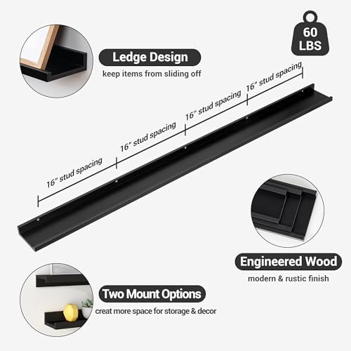 Axeman Picture Ledge Shelf, 72 Inch Black Floating Shelves Set of 3