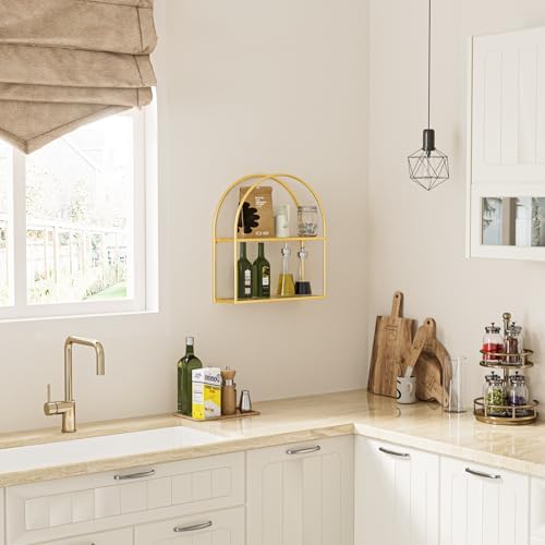 Crofy 2-Tier Arched Wall Shelf with Gold Frame & Transparent Shelves