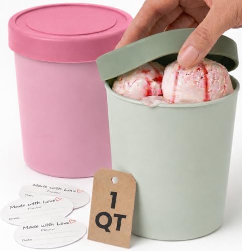 StarPack Freeze The Day Homemade Ice Cream Containers (2-Pack, 1 Quart) - Airtight Silicone Lids, BPA-Free Reusable Polypropylene Freezer Containers with Dry Erase Pen and Labels, Sage Green and Pink