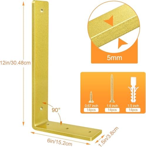 Gold Floating Shelf Bracket 12 Inch, 6 Pack Heavy Duty Shelf Brackets, Wall Shelf Bracket Gold for DIY Decorative with M