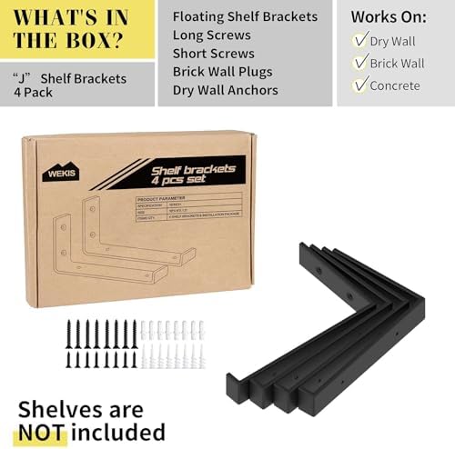 WEKIS Shelf Bracket, Heavy Duty Floating Shelf Brackets 10-Inch Long, 4-Pack Brackets for Shelves, Black Coated J Shape 