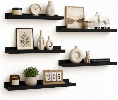 24inch Long Floating Shelves for Wall Decor, 5-Set Shelves with Lip, Black