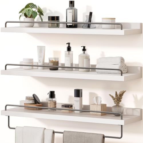 Seocry Bathroom Shelves, Wall Shelf Set of 3, Floating Shelves, Shelves for Room Wall, Bathroom Decor (White Grey, 23.1 