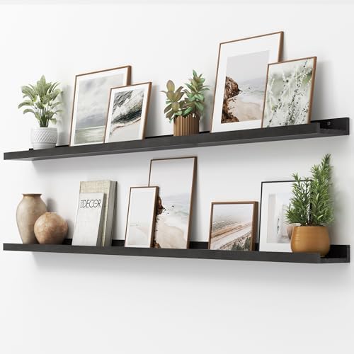 FLYJOE Picture Ledge Shelf, Floating Shelves Set of 2, Solid Ash Wood 72'' Long Large Nursery Book Shelves for Toys Storage, Kids Bookshelf for Living Room Bedroom Decor Books Photo Frames, Black