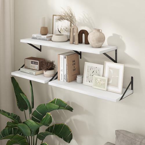 Axeman Deep Floating Shelves - 20 Inch White Floating Shelves Set of 2-12 Inch Deep Wood Wall Shelves for Living Room Ba