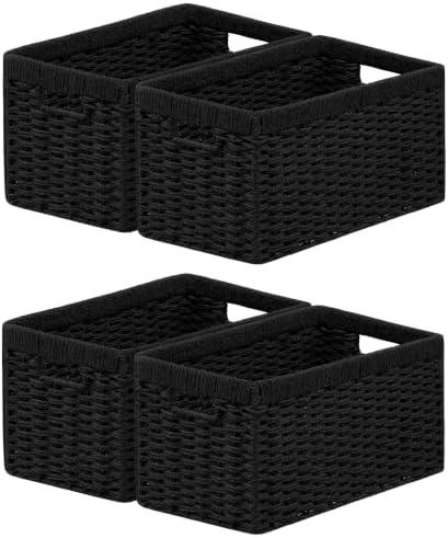 joybest Black Wicker Baskets for Shelves, Hand-woven Storage Baskets