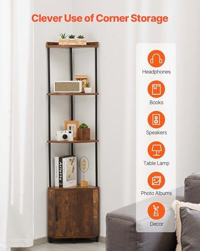 VEVOR 5 Tier Corner Shelf with LED Light, 65.4" Tall Corner Bookshelf with Storage Cabinet, Display Shelf with Multi-Col