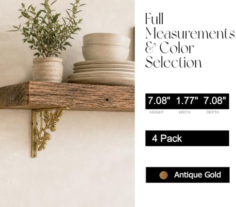 NACH Decorative Shelf Brackets, 4 Pack of 7 x 1.8 x 7 inch, Gold Cast Iron Rustic Shelf Brackets - Metal Shelf Brackets 