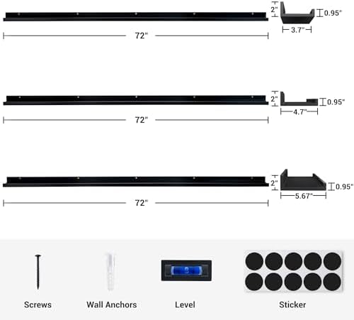 Axeman Picture Ledge Shelf, 72 Inch Black Floating Shelves Set of 3