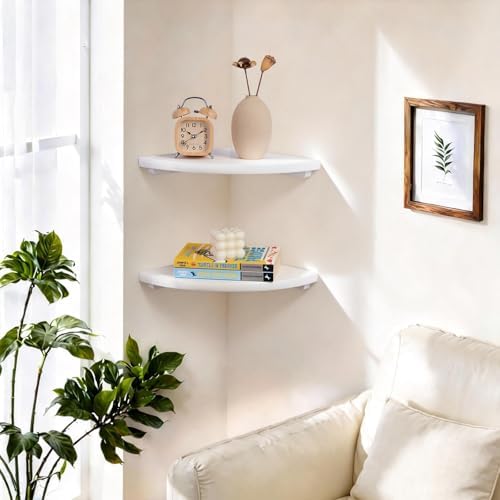 Gieanoo White Corner Wall Shelf 10inch Solid Oak Wood Floating Corner Shelf with Wire Hole Corner Wall Storage Display S