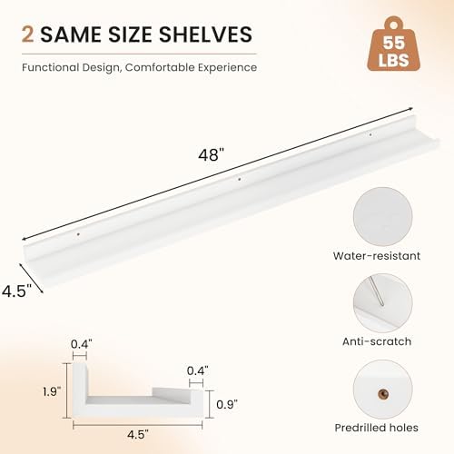 Dreamland Picture Ledge Shelf for Wall, Floating Shelves Set of 2, 48 Inch Long Floating Shelves with Lip for Living Room, Bedroom, Bathroom, Kitchen, White