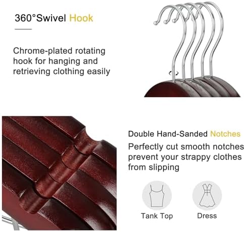 TOPIA HANGER Wooden Suit Hangers with Adjustable Metal Clips (10 Pack), Solid Wood Clothes Hangers, 360° Swivel Hook, Premium Pants Hangers for Clothes Coat, Jeans, Blouse- Cherry CT28M