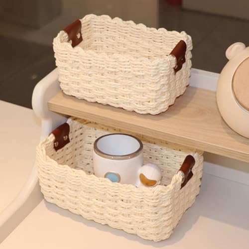 QINGTUHONE Woven Paper Rope Wicker Basket for Organizing(Set of 3,Beige)