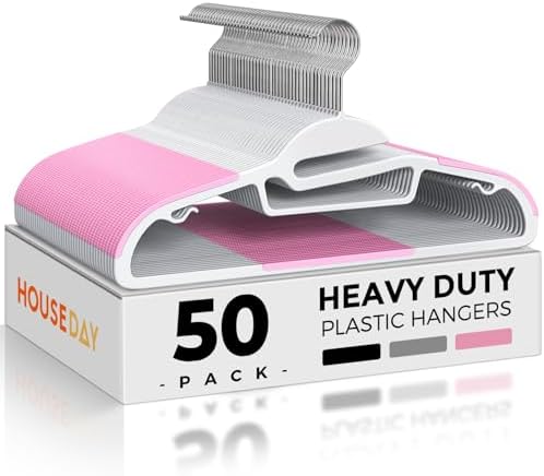 HOUSE DAY Pink Plastic Hangers 50 Pack, Slim Space Saving, Non Slip Hangers with Rubber Pads, Sturdy Coat Hanger for Closet, S-Shaped Clothes Hanger for Shirt, Suit, Pant, Skirt