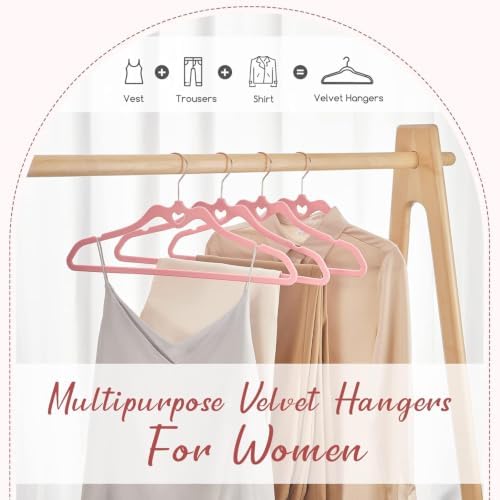HOUSE DAY Pink Velvet Hangers 120 Pack, Non Slip Felt Hangers Heart-Shaped