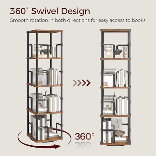 MAHANCRIS 4-Tier Rotating Bookshelf, Freestanding Corner Bookshelf, 360° Spinning Bookcase, Industrial Style Storage Rac