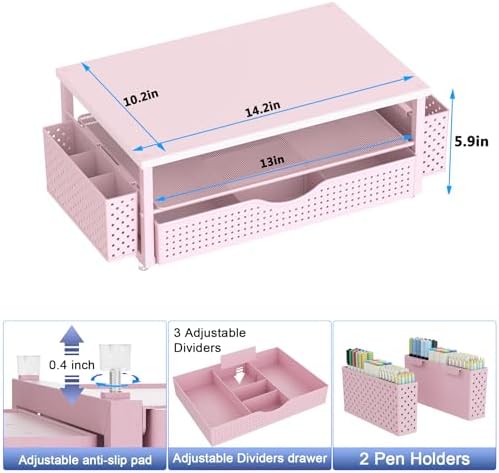 Spacrea Computer Monitor Stand with Drawer and 2 Pen Holders, Pink