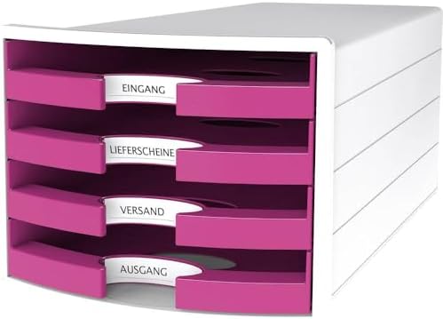 Han Impuls Drawer Box DIN A4/C4 4 Open Drawers White/Trend Colour Pink
