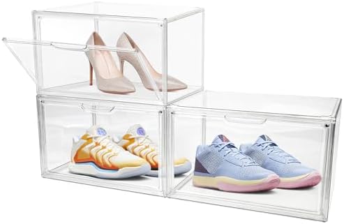 3 Pack Clear Acrylic Sneaker Shoe Display Case,Shoe Storage Boxes Stackable,Acrylic Boxes for Shoes Display with Lid,Boo