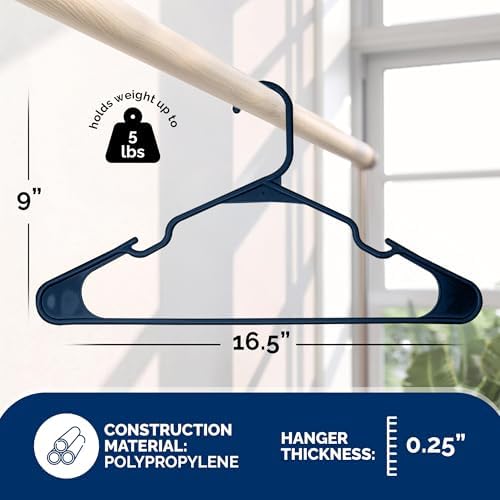 Closetselect Plastic Hangers 50 Pack - Space Saving Clothes Hangers, Made in USA, Durable & Strong Plastic Shirt & Coat Hanger with Notches & Shoulder Grooves, Non-Slip Hangers | Blue Sapphire
