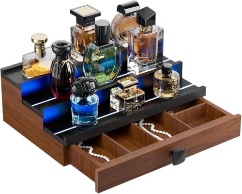 3 Tier Wooden Perfumes Stand with LED Light, Perfume Cologne Organizer for Men, Desktop Parfum Holder Wood Display Shelf