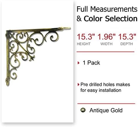 NACH Decorative Shelf Brackets, 1 Pack of 15 x 2 x 15 inch, Gold Cast Iron Wall Shelf Brackets - Decorative Bookshelf Br
