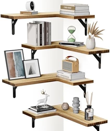 Amada Corner Floating Shelves, Paulownia Wood, Set of 4, Natural Wood