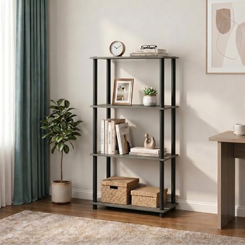 Furinno Turn-N-Tube Toolless Assembly Storage Shelves, 4-Tier Grey Book Shelf, Open Storage Bookshelf, for Organization 