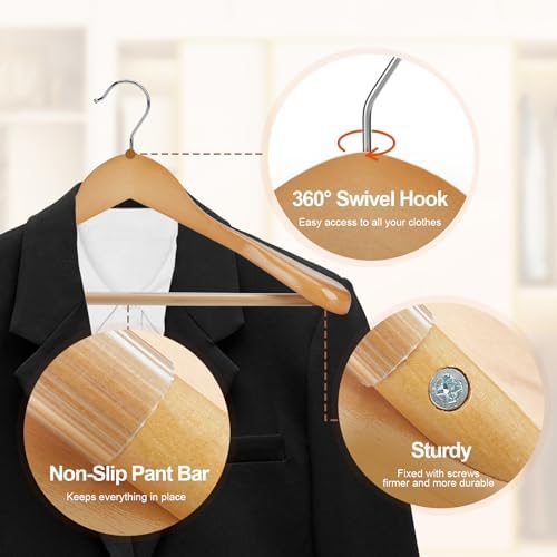 HOUSE DAY Wooden Suit Hangers 6 Pack，Heavy Duty Wide Shoulder Wooden Hangers, Solid Wood Coat Hanger with Non-Slip Pant Bar for Petite Adults, Teens and Small Suits, Coats, Jackets (Natural，16.5'')